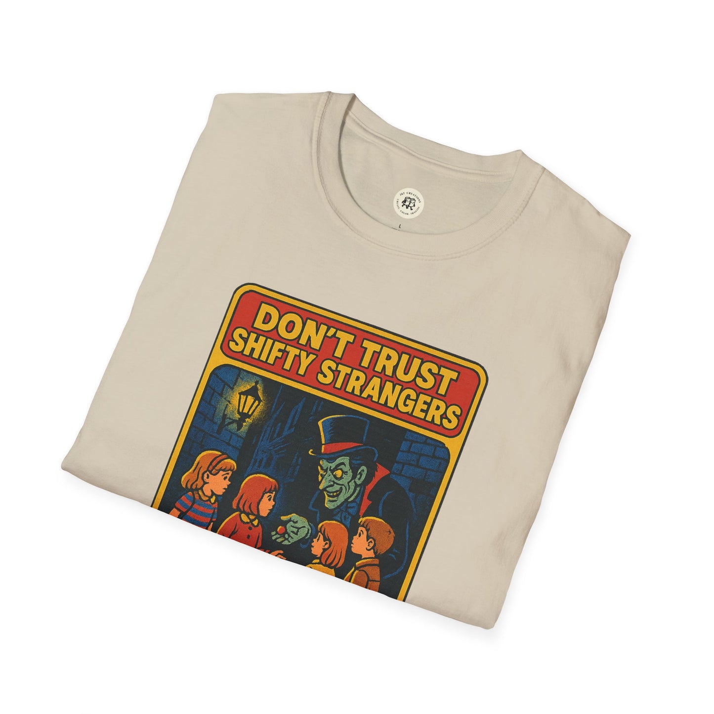 Printify beige retro stranger danger shirt with vintage graphic warning against shifty strangers
