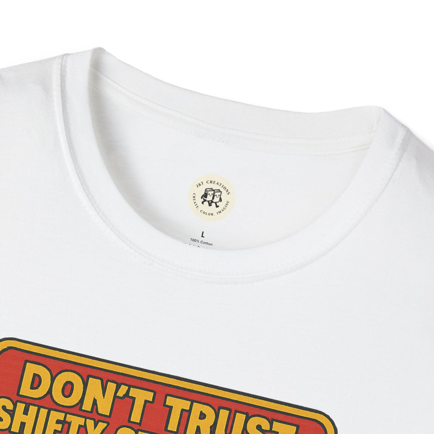 White Printify T-shirt featuring a retro stranger danger shirt design with bold vintage text