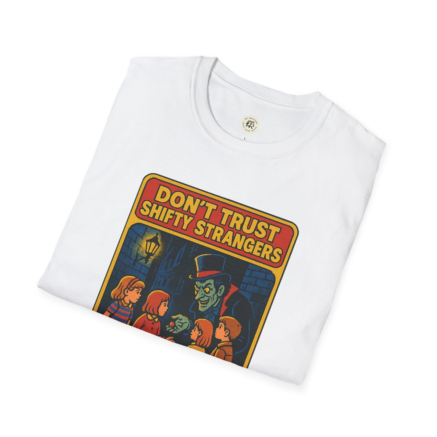 White Printify t-shirt with retro stranger danger shirt design featuring dont trust shifty strangers warning