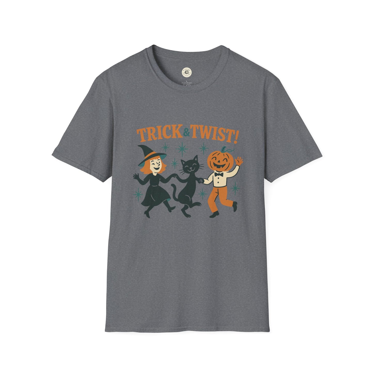 Printify Halloween graphic t-shirt gray tee with vintage dancing witch black cat and pumpkin head design