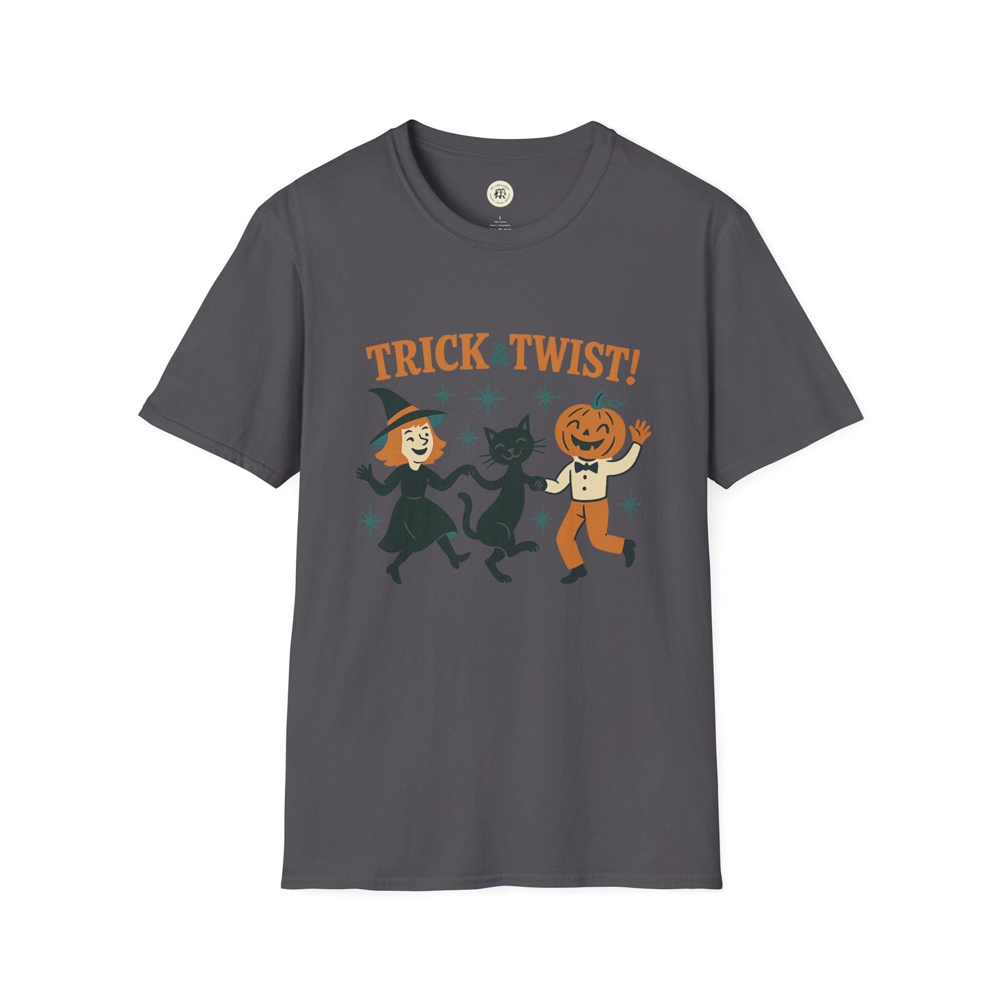 Printify Halloween graphic t-shirt dark gray with vintage cartoon witch black cat and jack o lantern dancing Trick Twist print