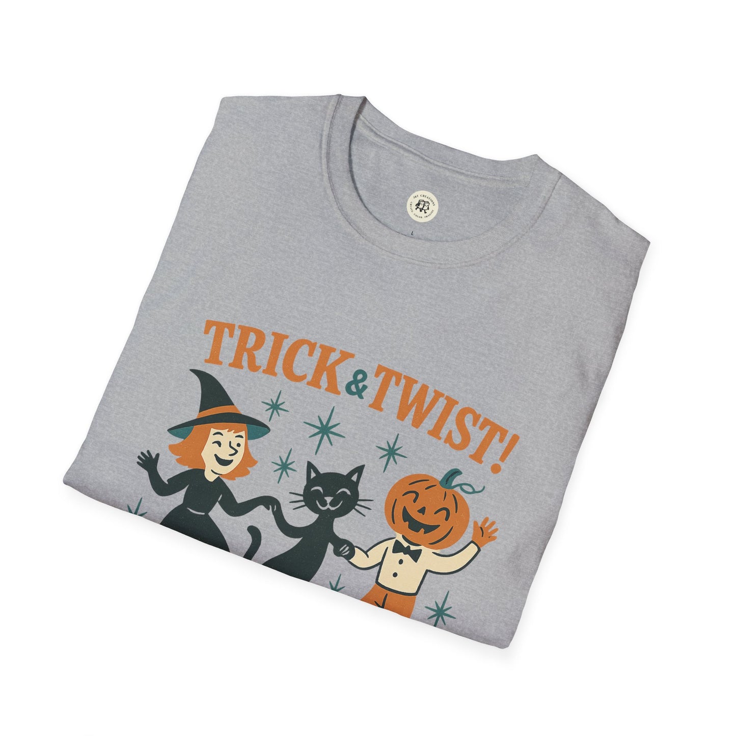 Printify gray folded crew neck Halloween graphic t-shirt with vintage witch black cat and pumpkin trio saying TRICK AND TWIST