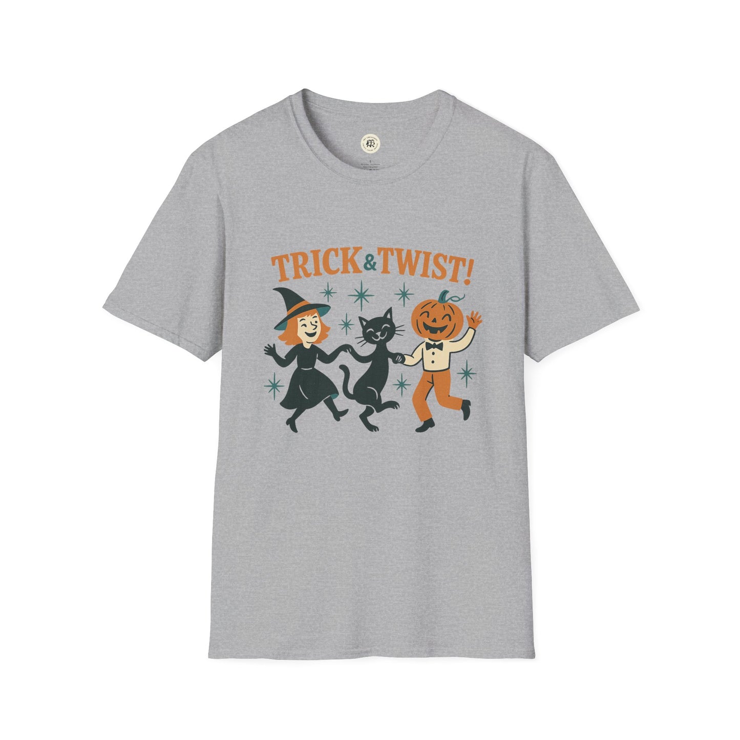 Printify gray Halloween graphic t-shirt with vintage Trick and Twist design featuring dancing witch black cat and jack o lantern