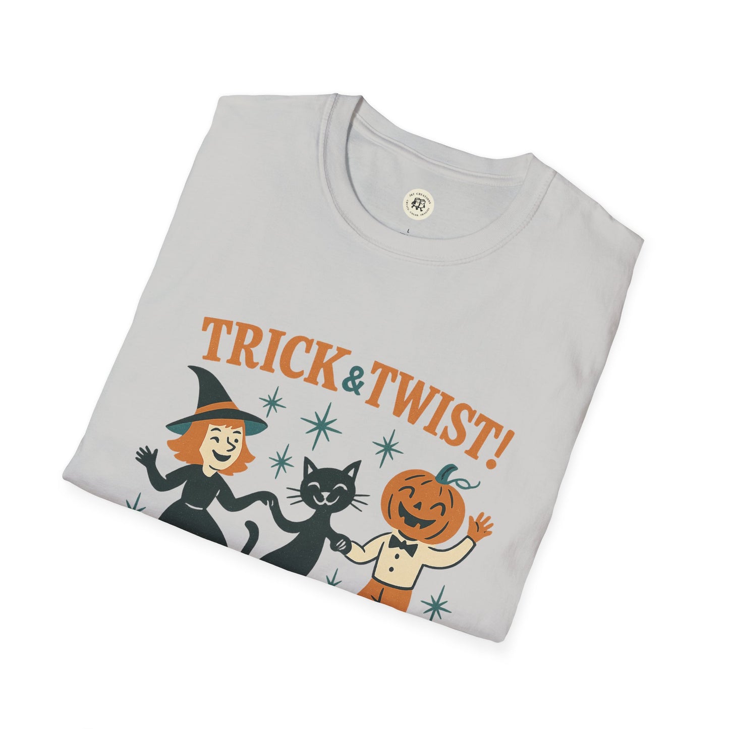 Folded light gray Halloween graphic t-shirt with vintage witch black cat and pumpkin characters