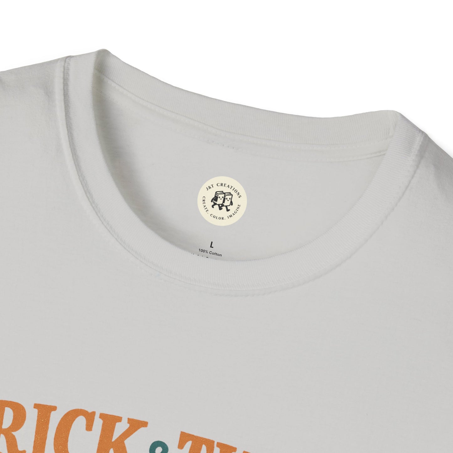 Printify white crewneck Halloween graphic t-shirt close up showing collar and partial orange trick text