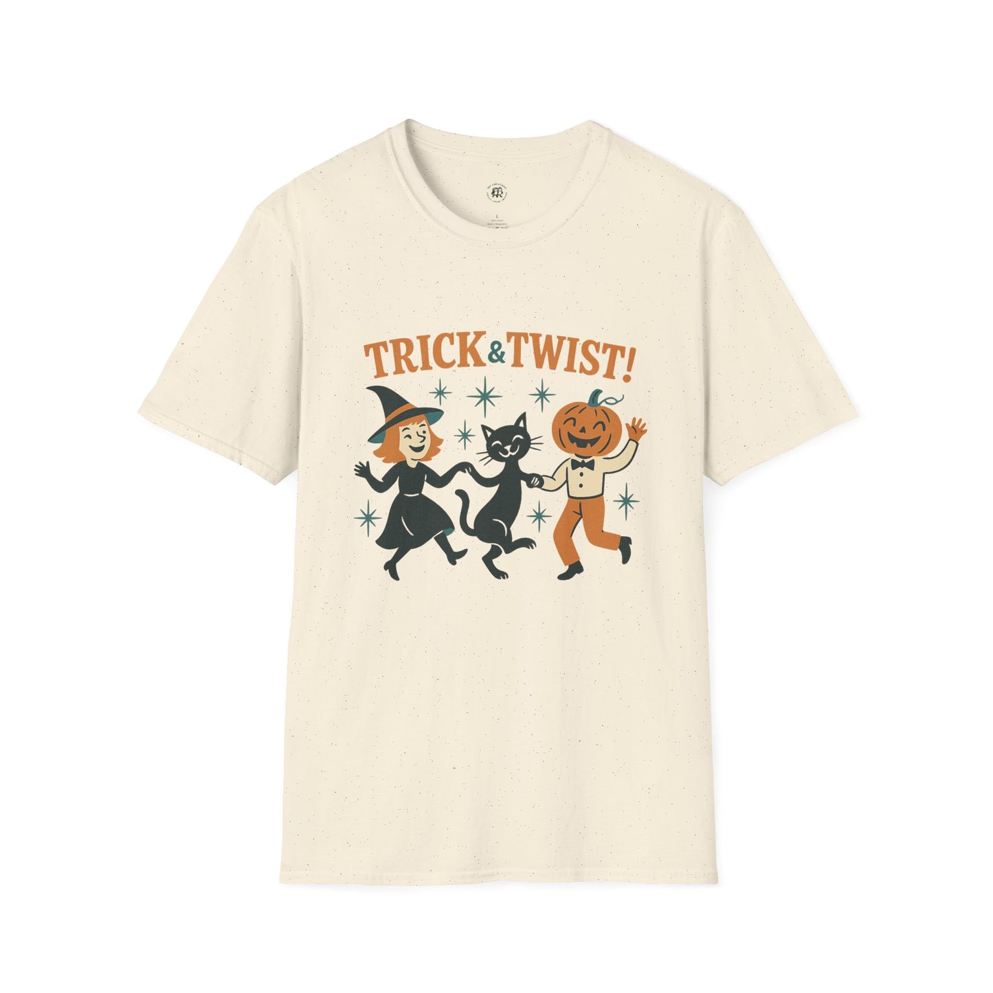 Printify cream Halloween graphic t-shirt featuring a dancing witch black cat and pumpkin head character with Trick and Twist