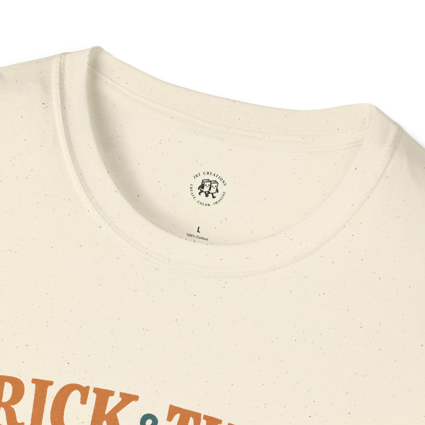 Printify cream speckled crewneck Halloween graphic t-shirt showing closeup neckline and partial vintage orange print