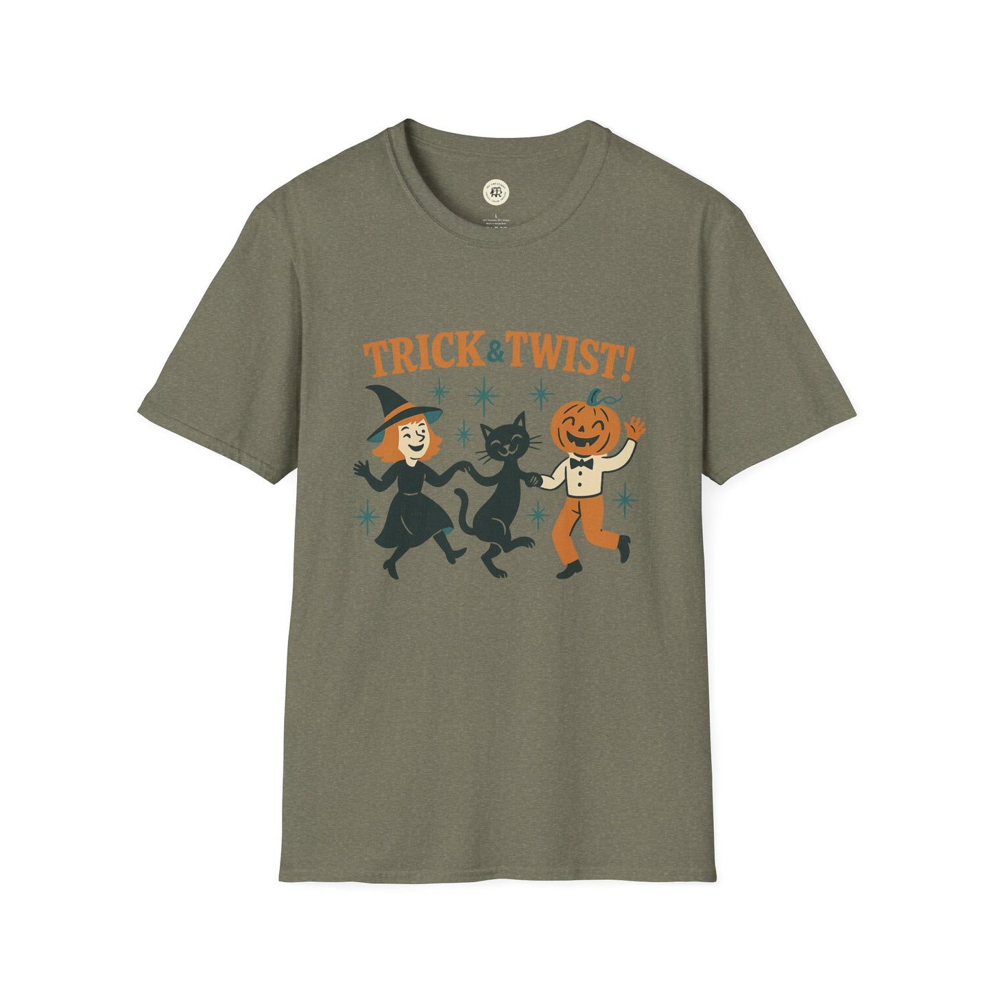 Printify olive green Halloween graphic t-shirt with retro dancing witch black cat and pumpkin head design