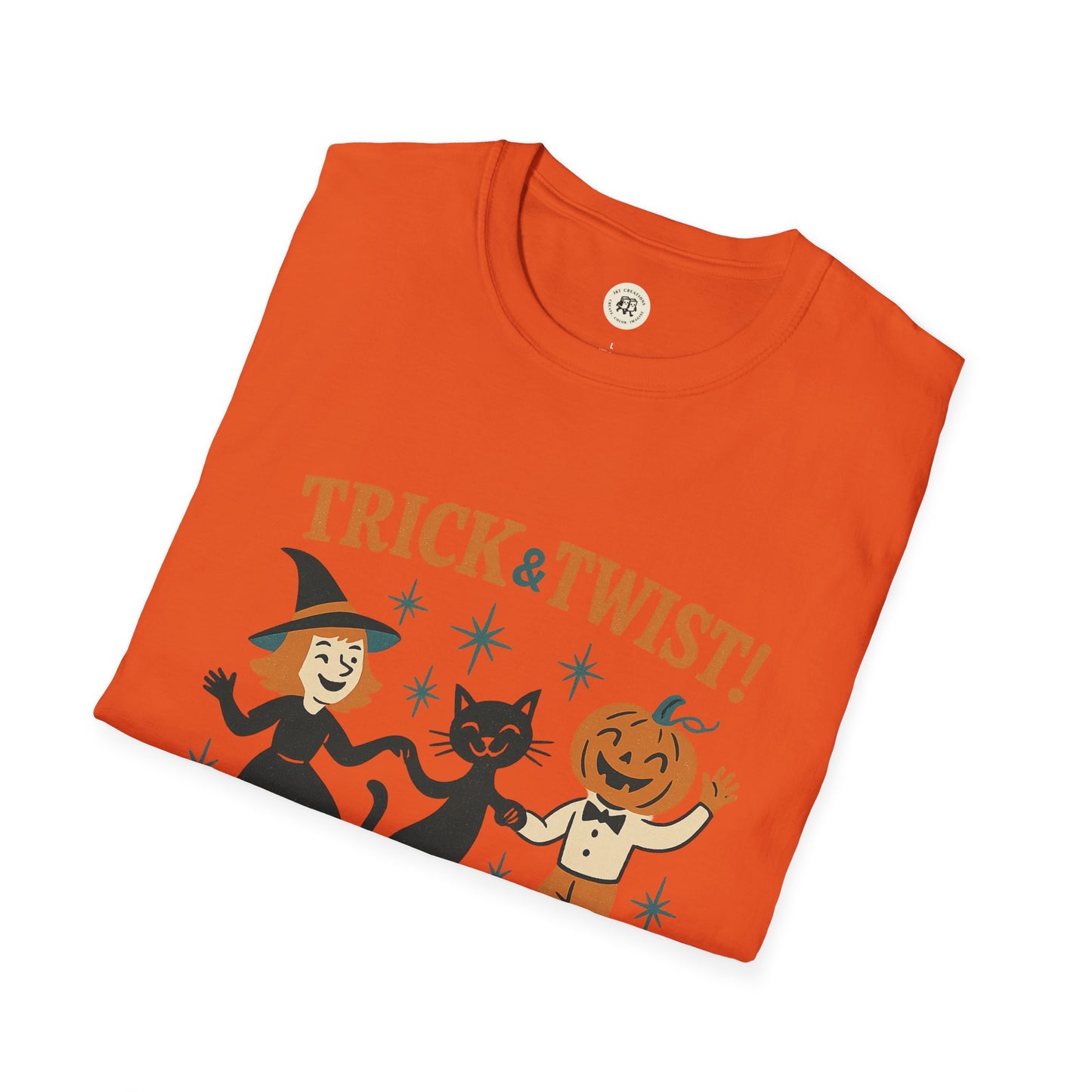 Printify orange folded Halloween graphic t-shirt with retro witch black cat and jack o lantern trio