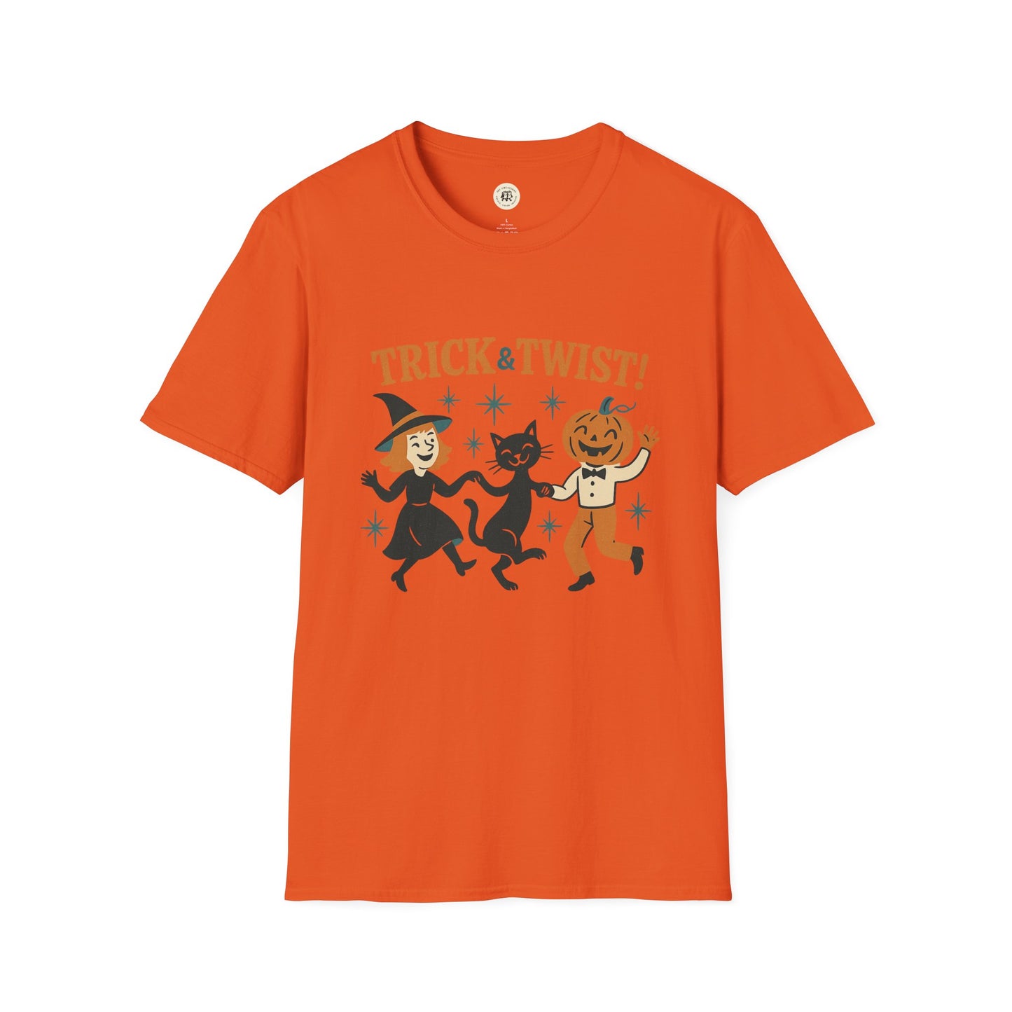 Orange Halloween graphic t-shirt by Printify featuring retro dancing witch black cat and pumpkin design