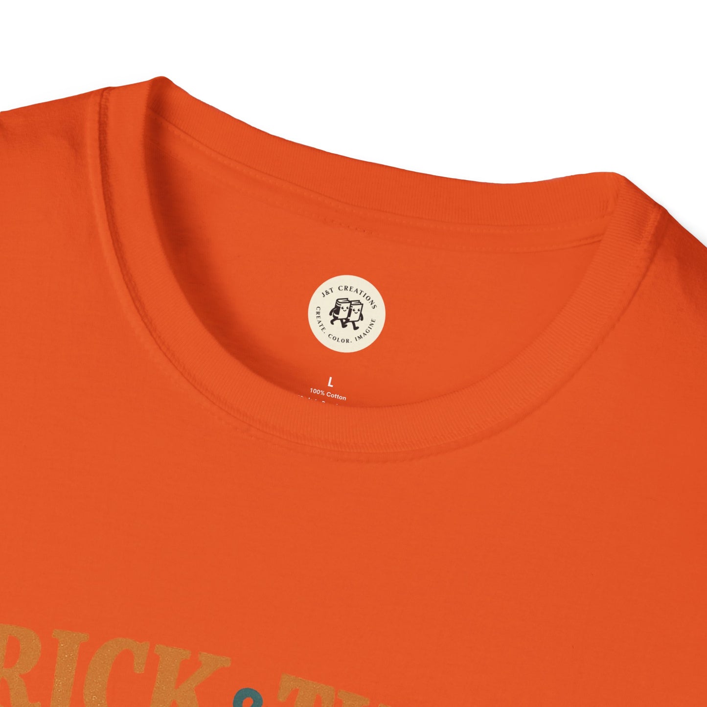 Printify Halloween graphic t-shirt orange crew neck close up showing neckline and partial print