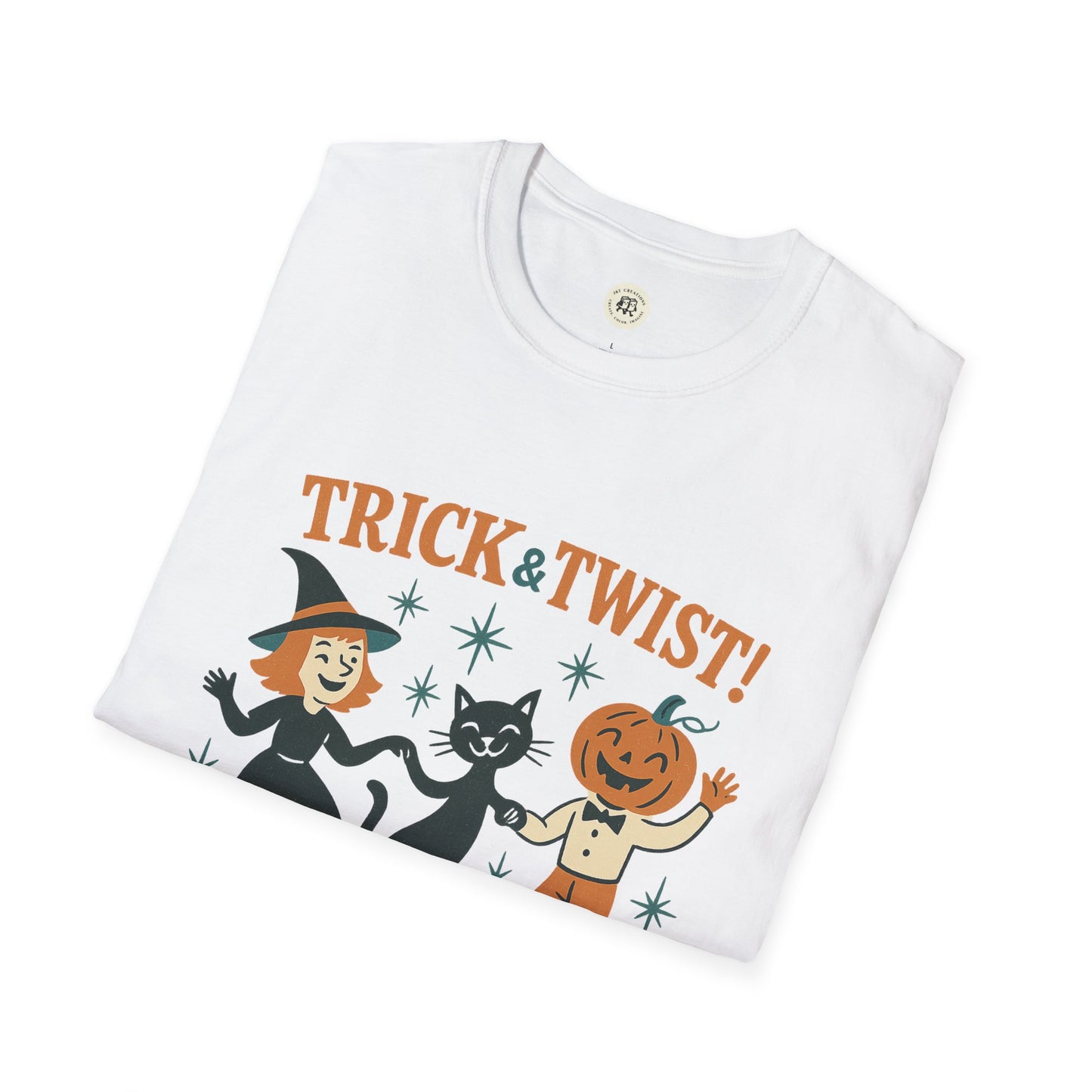 White folded Printify shirt featuring Trick and Twist retro witch black cat and pumpkin design Halloween graphic t-shirt