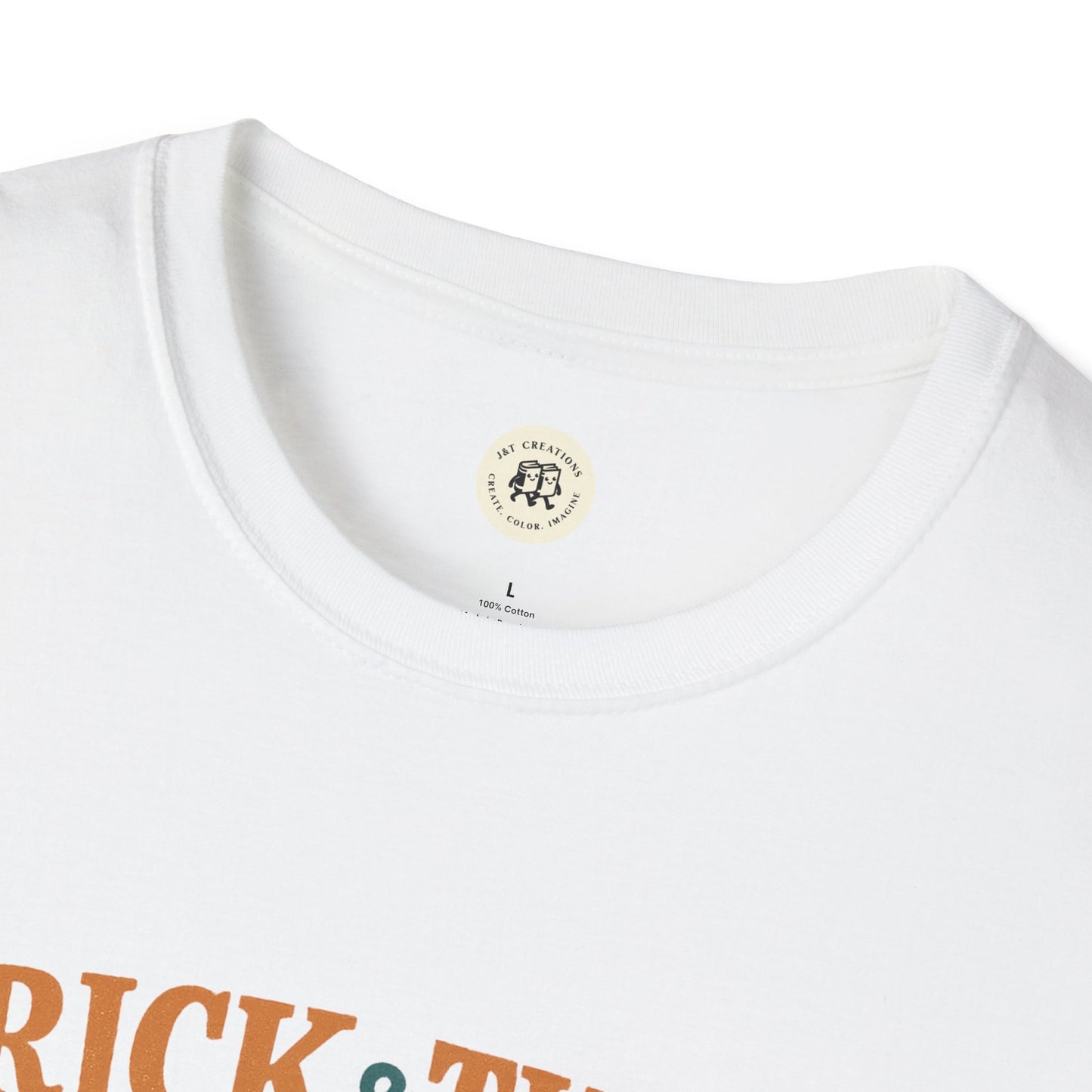Printify white crewneck T Shirt close up showing collar and partial orange Halloween graphic t-shirt design