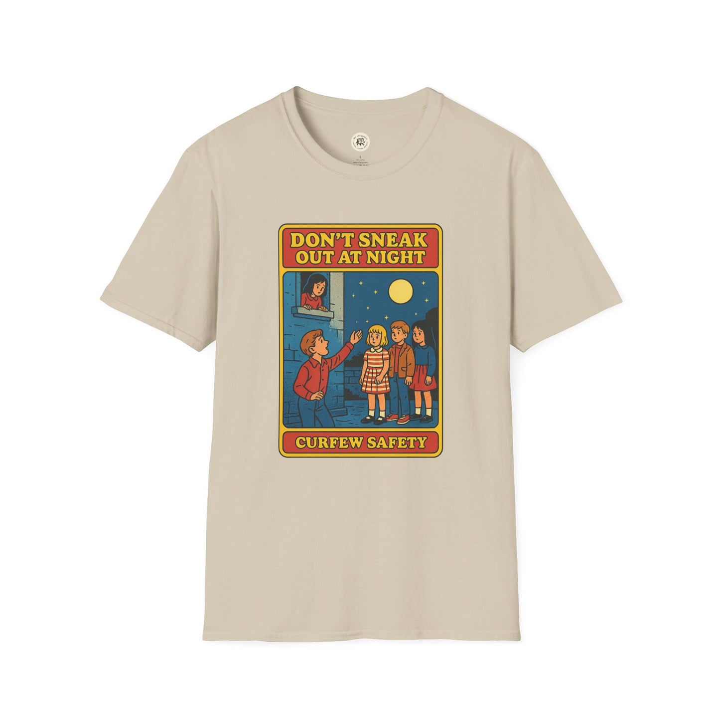 Printify Romeo Juliet vintage t-shirt with vintage cartoon curfew safety design in beige