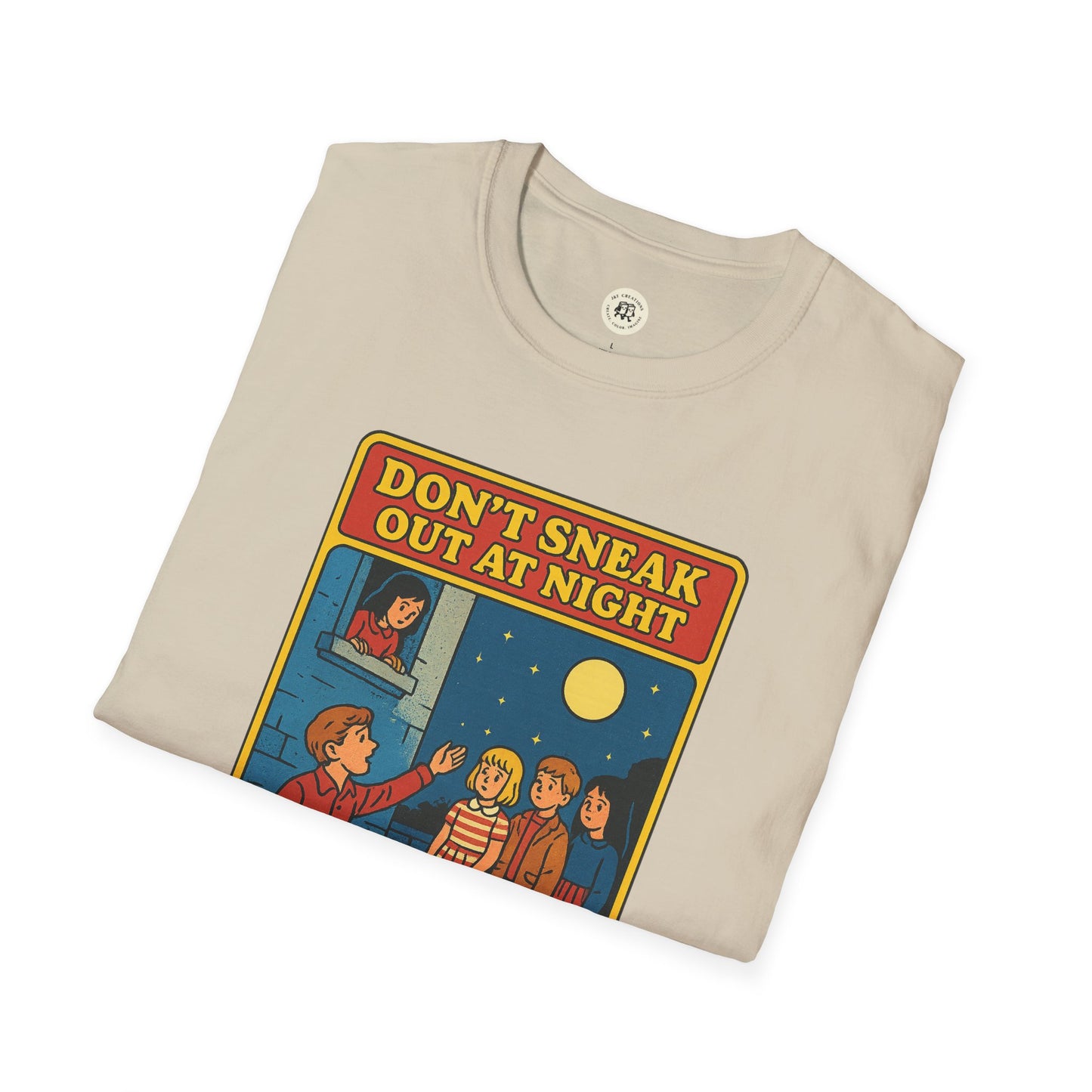 Beige Printify Romeo Juliet vintage t-shirt with retro cartoon graphic and Dont Sneak Out At Night text
