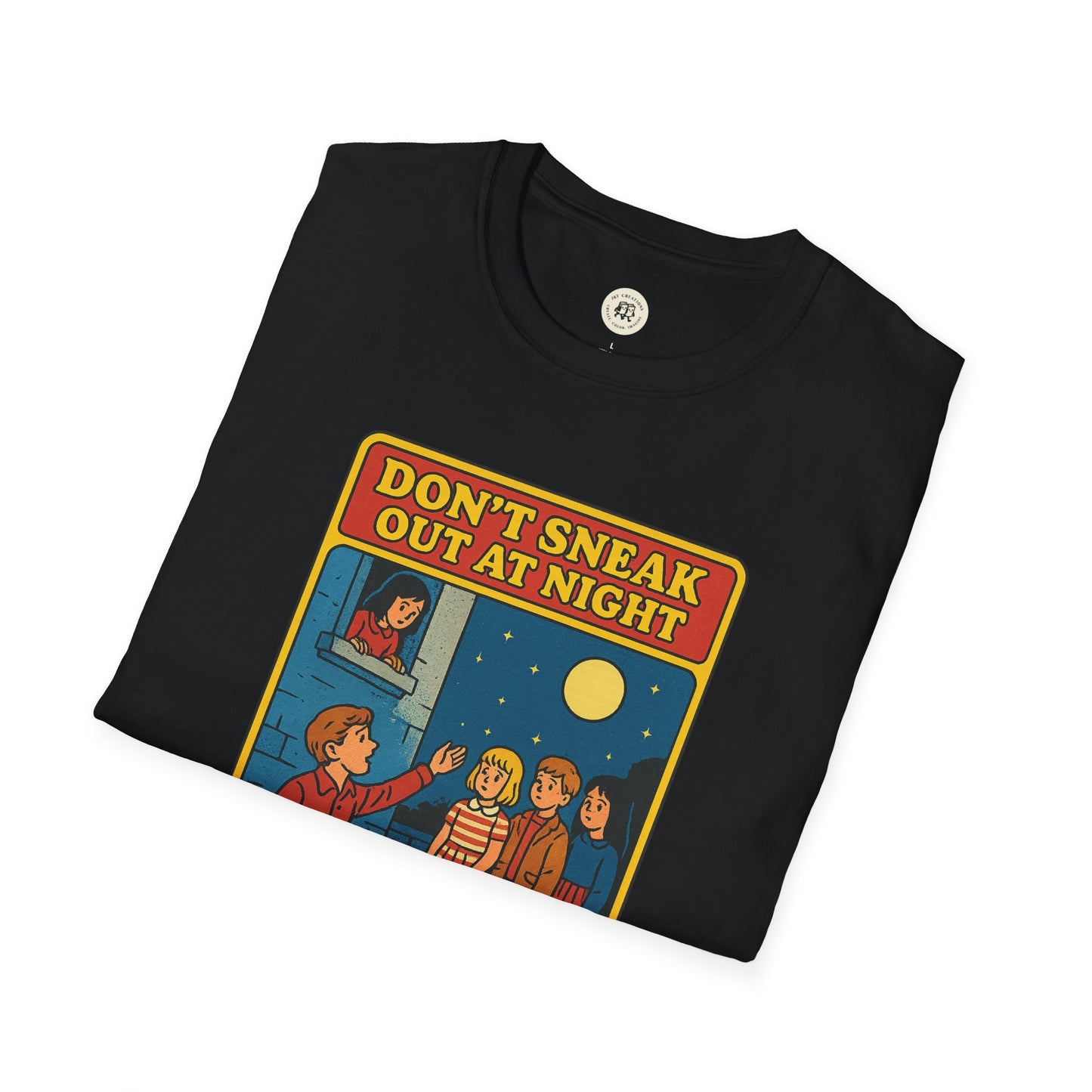 Black Printify Romeo Juliet vintage t-shirt with retro style cartoon and Dont sneak out at night text