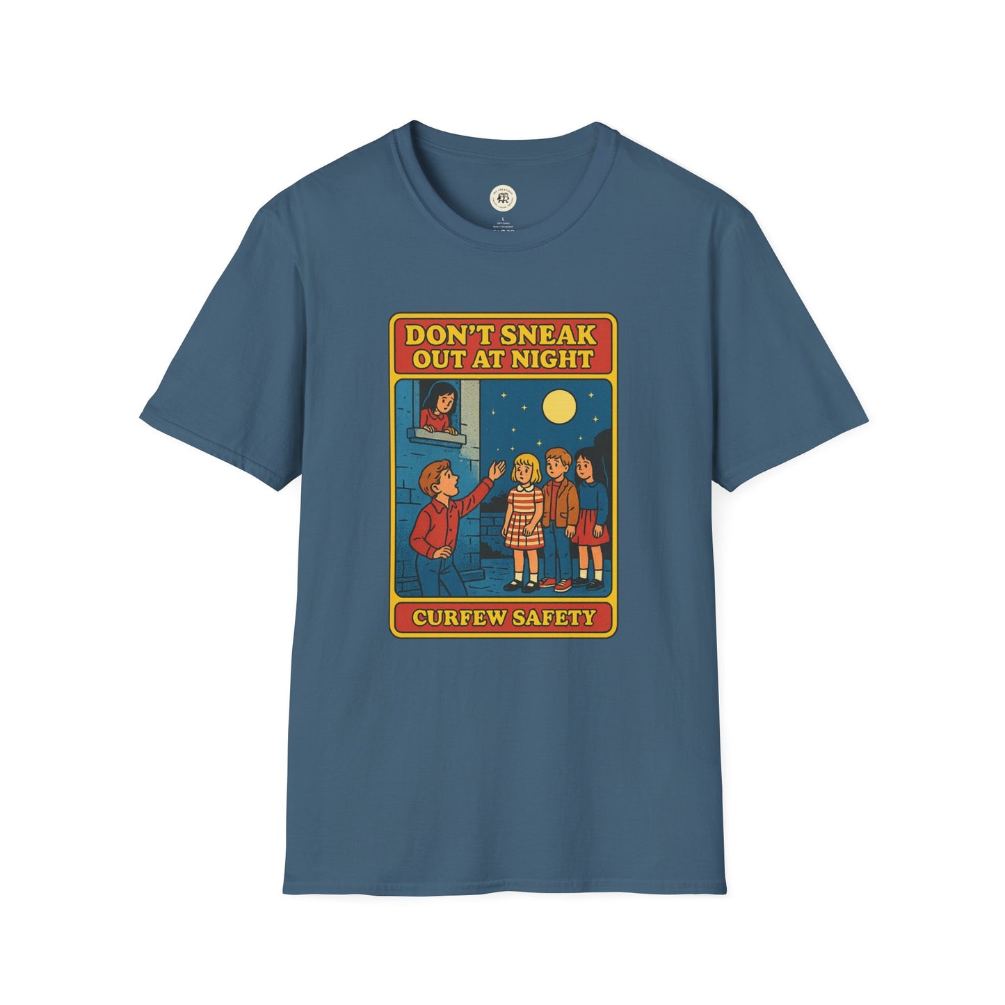 Printify Romeo Juliet vintage t-shirt with vintage illustration and curfew safety message in blue