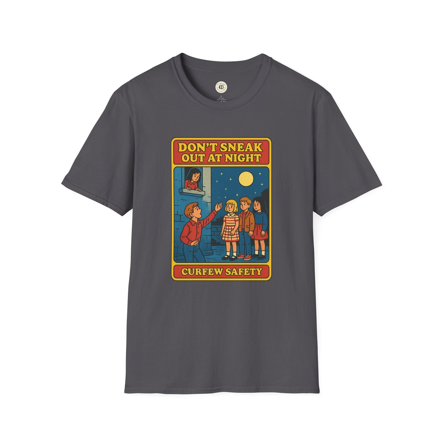 Romeo Juliet vintage t-shirt featuring a colorful curfew safety cartoon design on a gray Printify shirt