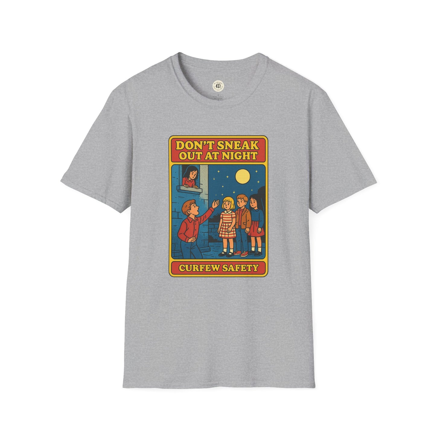 Printify gray Romeo Juliet vintage t-shirt with vintage cartoon curfew safety design