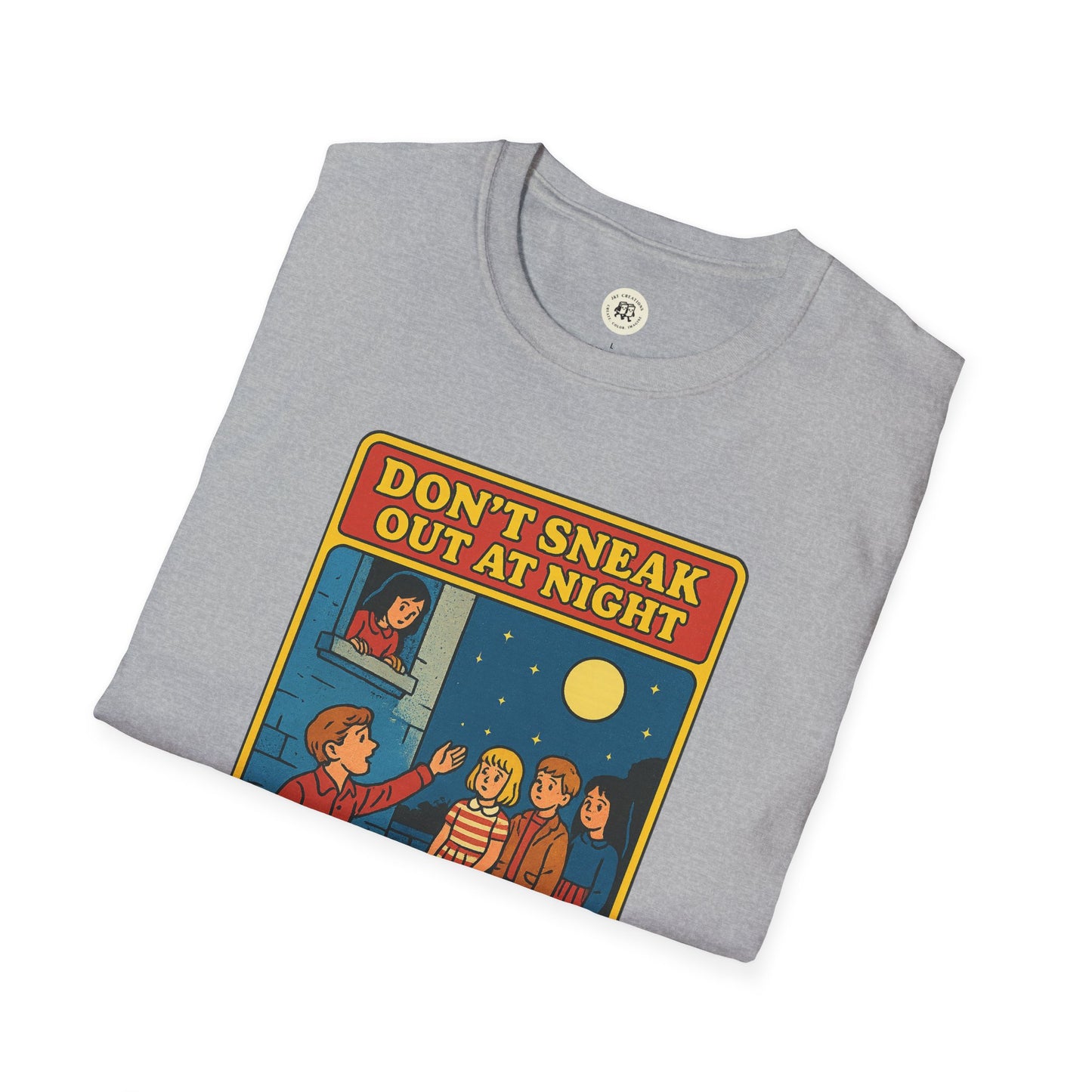 Romeo Juliet vintage t-shirt with retro style cartoon night scene and don't sneak out at night text