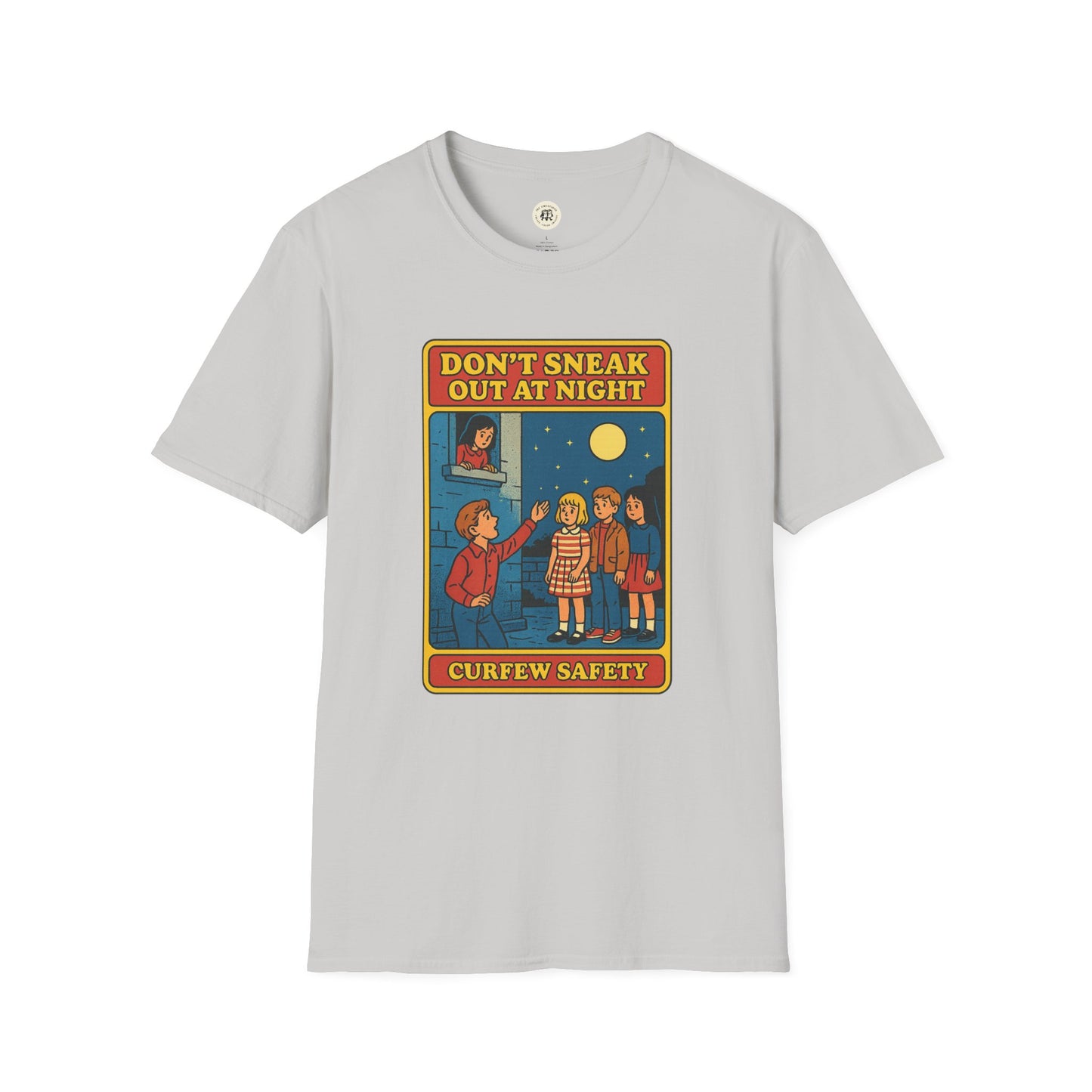 Printify Romeo Juliet vintage t-shirt with retro curfew safety graphic in night scene