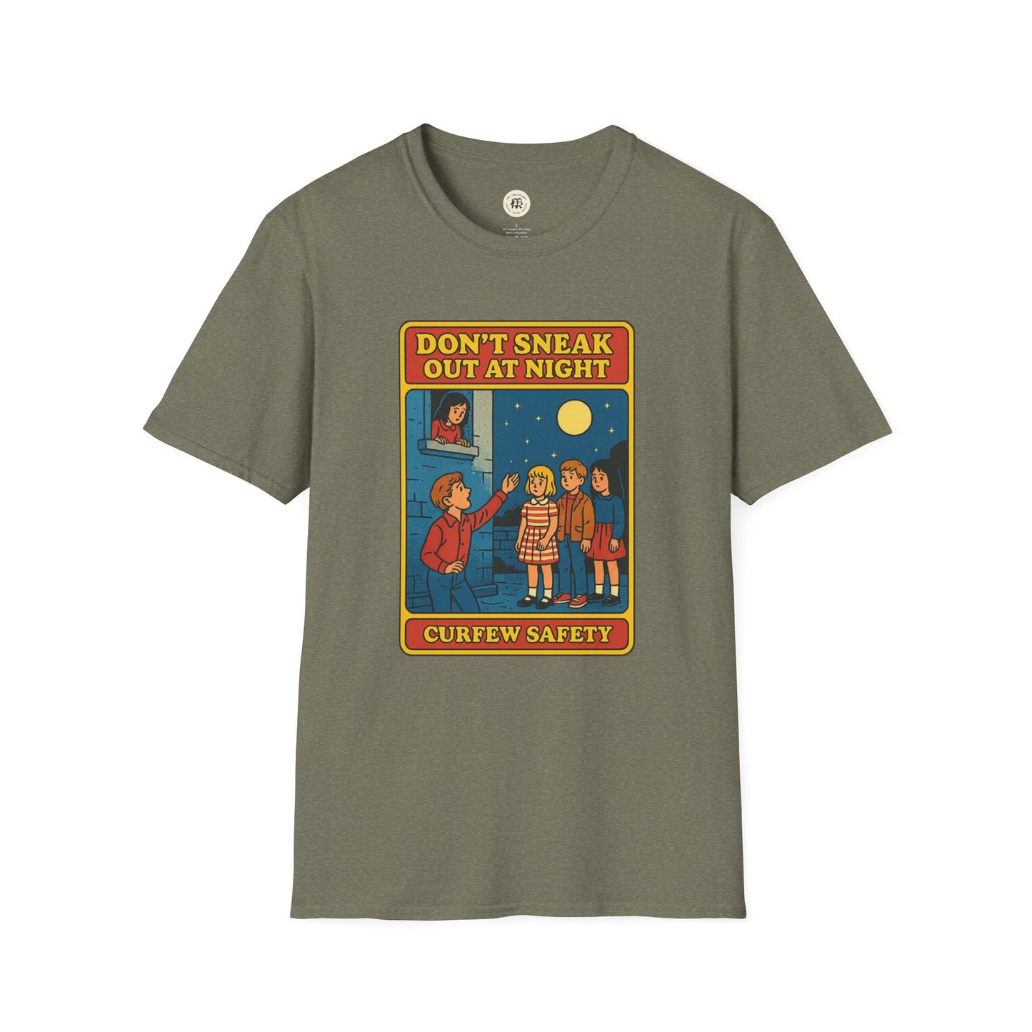 Printify Romeo Juliet vintage t-shirt with retro cartoon curfew safety design on olive green fabric