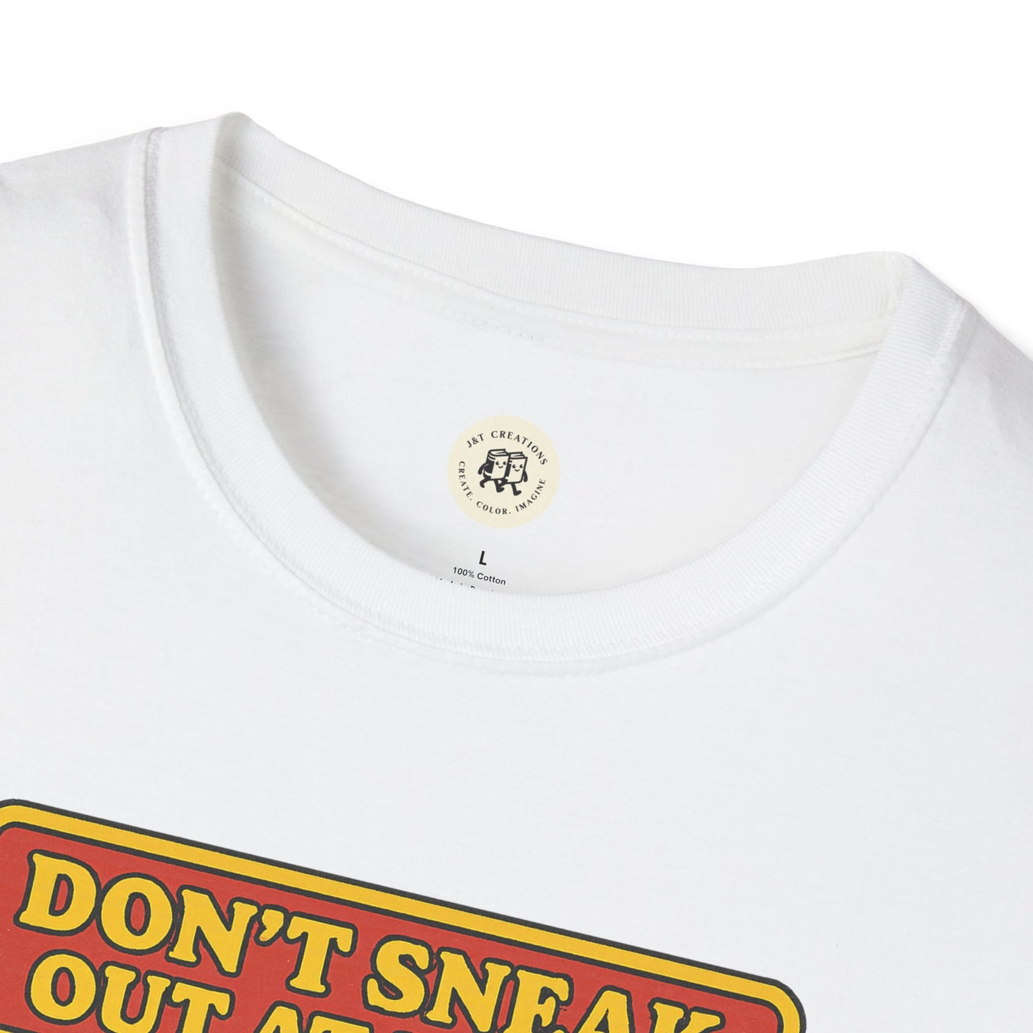 Close-up of white Printify Romeo Juliet vintage t-shirt with yellow and red graphic text design