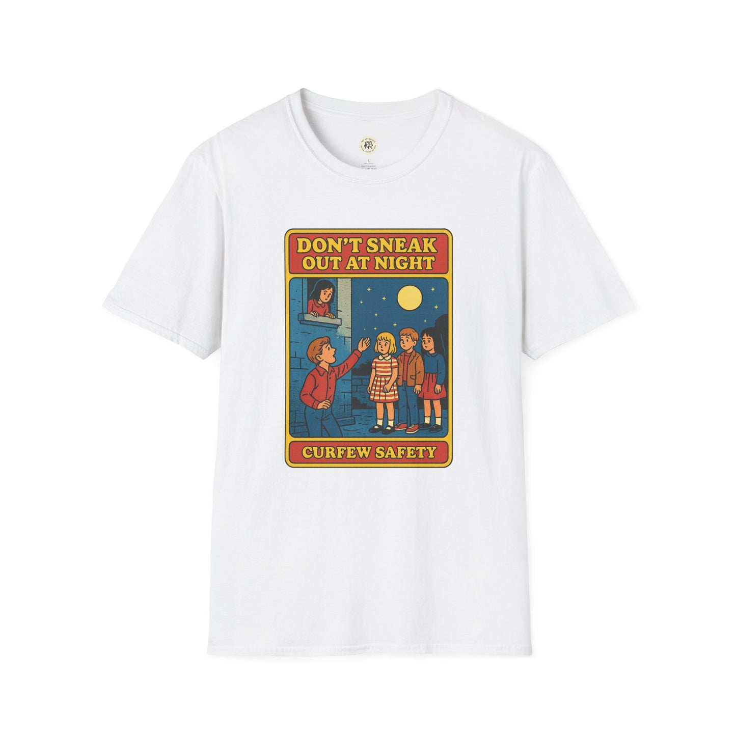 White Romeo Juliet vintage t-shirt with retro curfew safety graphic and night scene print
