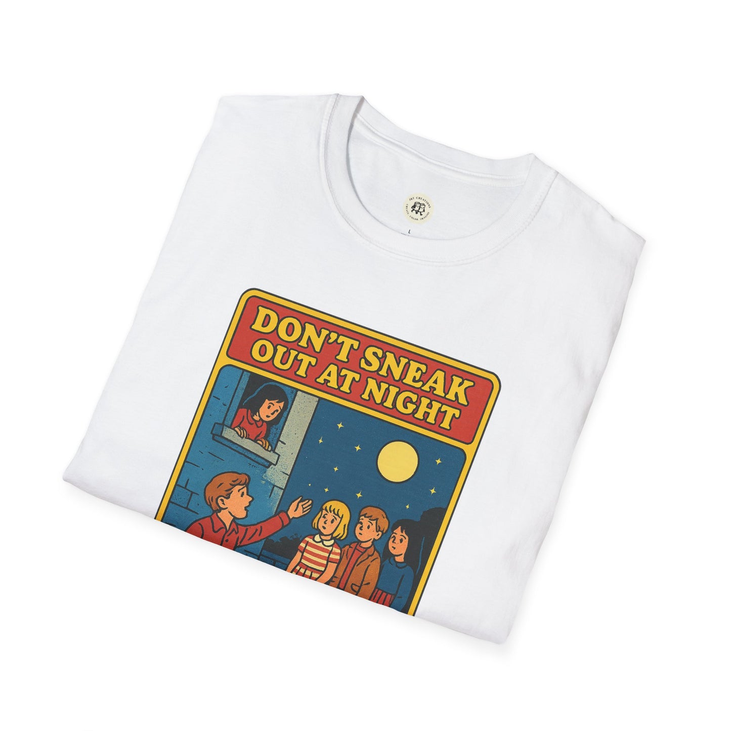 Printify white Romeo Juliet vintage t-shirt featuring vintage comic style design with the text Don't Sneak Out at Night