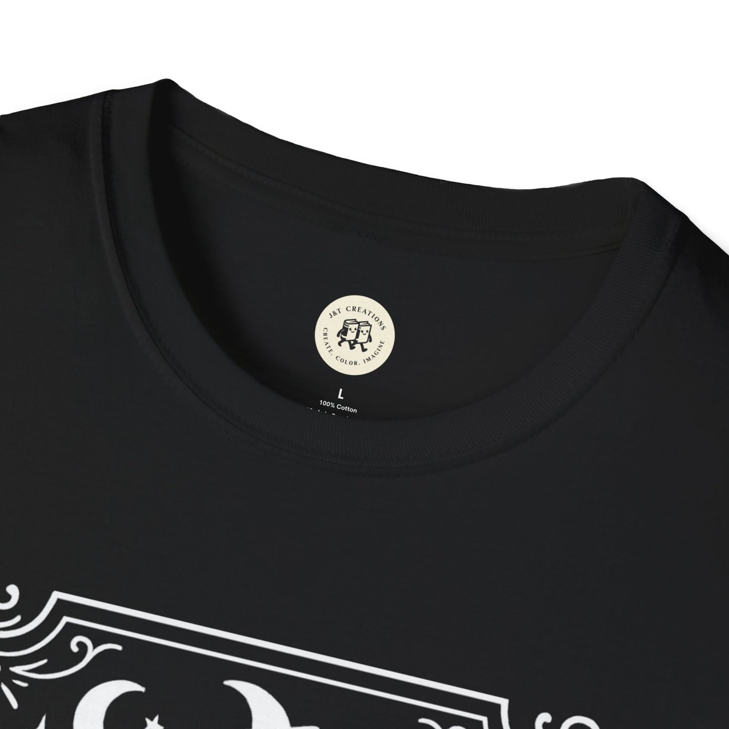 Black Salem Broom Co. t-shirt with white vintage style design and round neckline by Printify