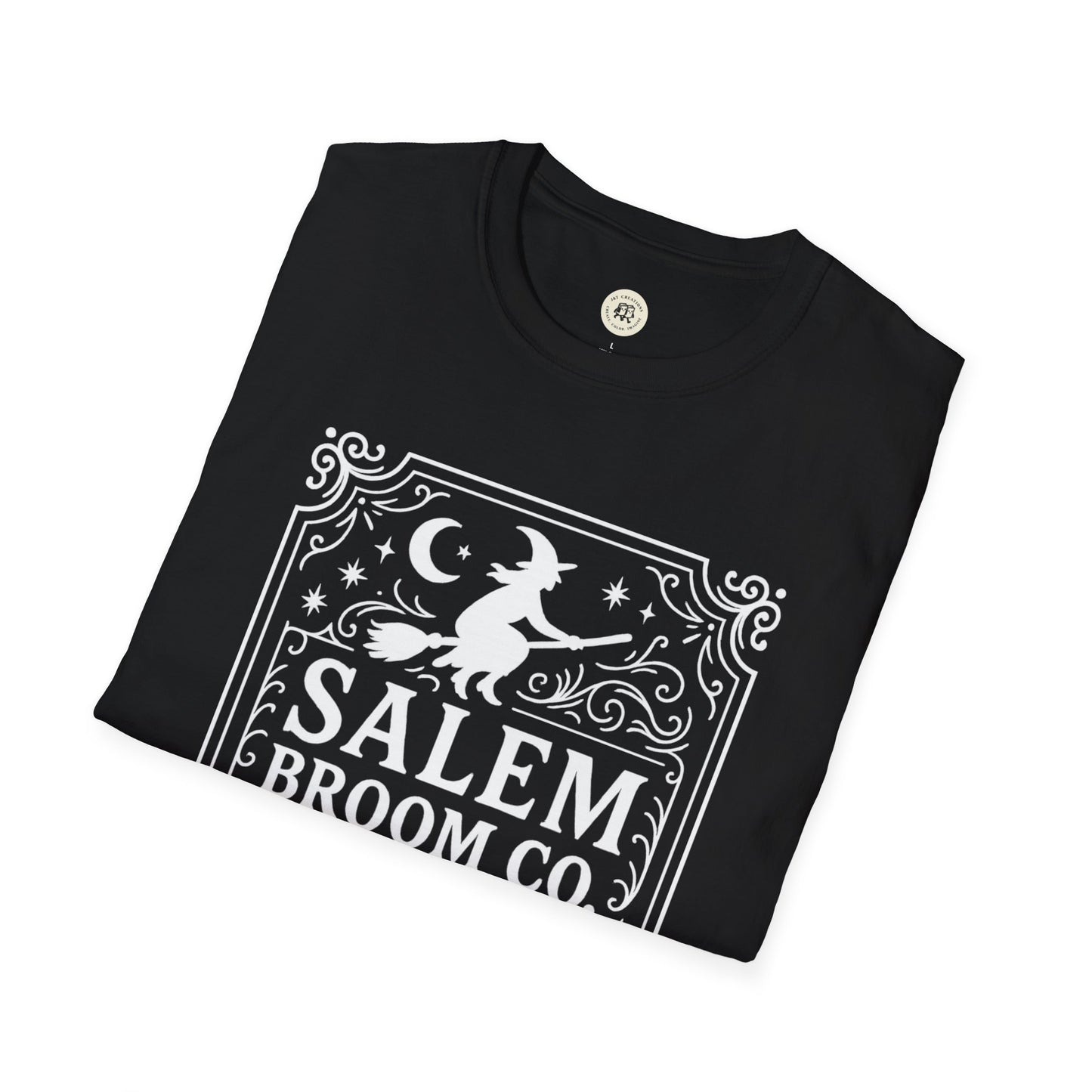 Black Salem Broom Co. t-shirt with white witch and broom design by Printify