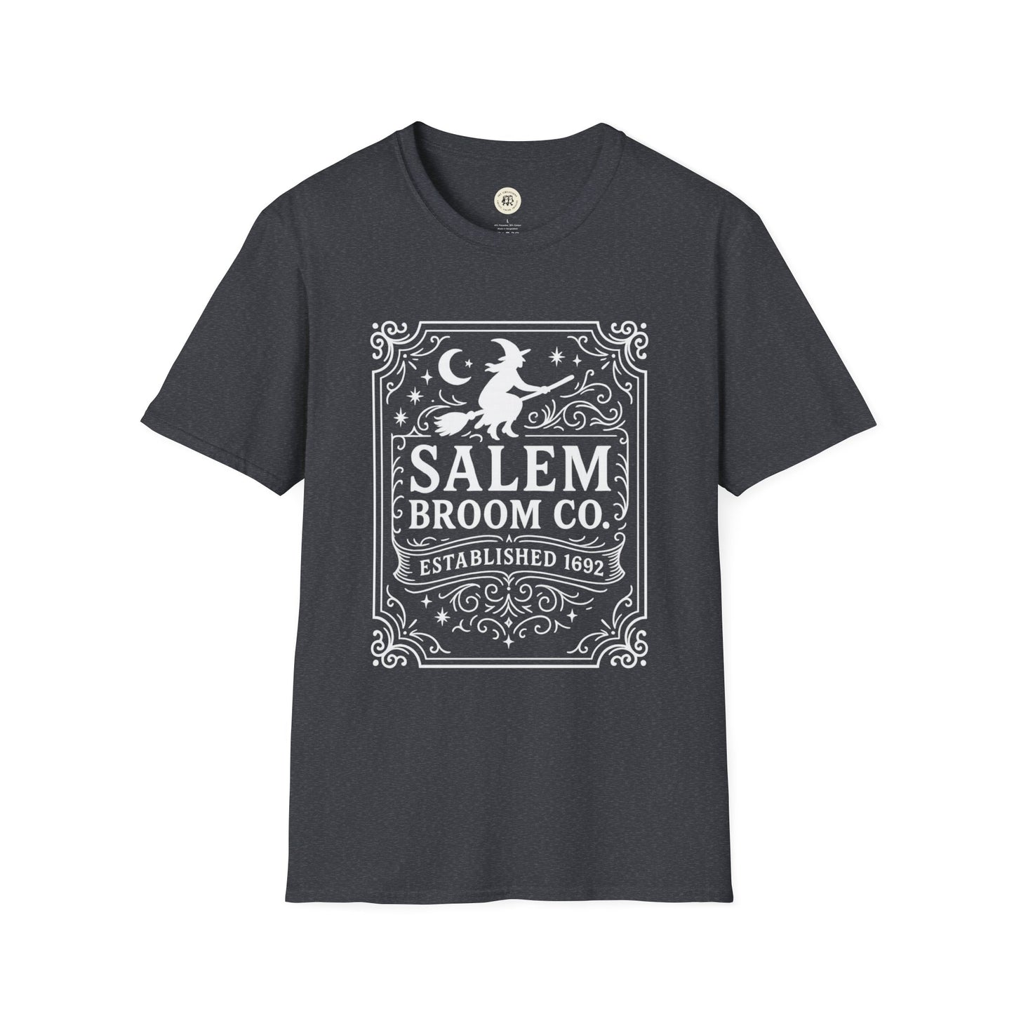 Black Salem Broom Co. t-shirt with witch on broomstick and vintage style design by Printify