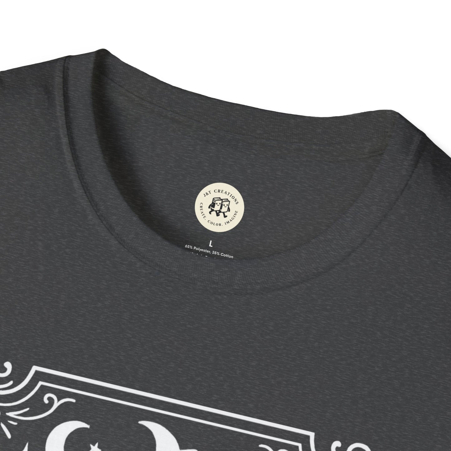 Close-up of the neckline on a dark gray Salem Broom Co. t-shirt by Printify with white printed design