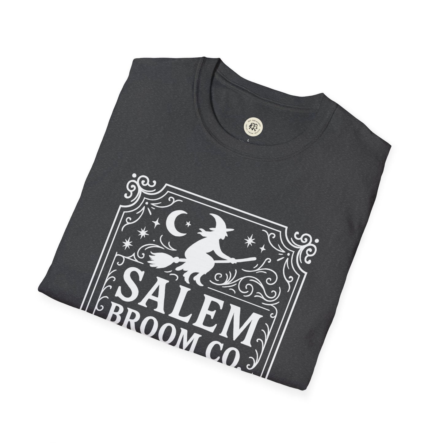 Black Salem Broom Co. t-shirt by Printify with white witch and moon graphic design