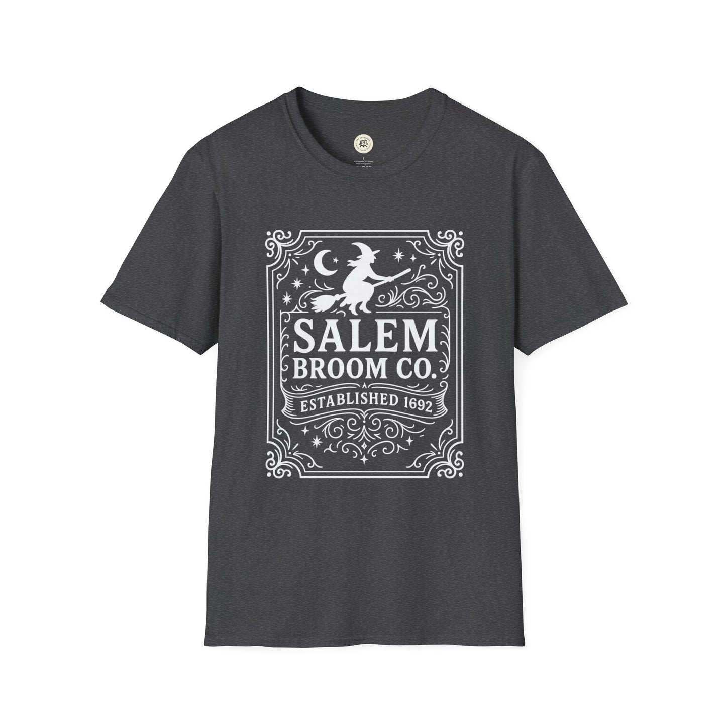 Gray Printify Salem Broom Co. t-shirt with witch flying on broom and vintage style design