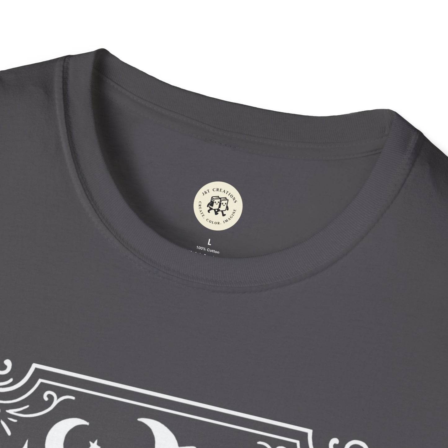 Dark gray Salem Broom Co. t-shirt with white vintage-style graphic and crew neck by Printify