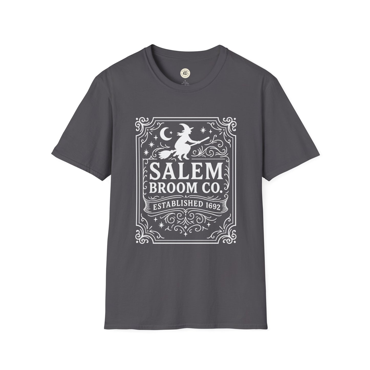 Gray Salem Broom Co. t-shirt with white witch and moon graphic printed on front
