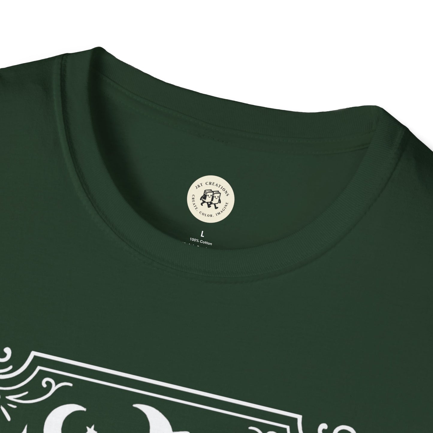 Green Salem Broom Co. t-shirt with white vintage-inspired graphic and round neckline by Printify