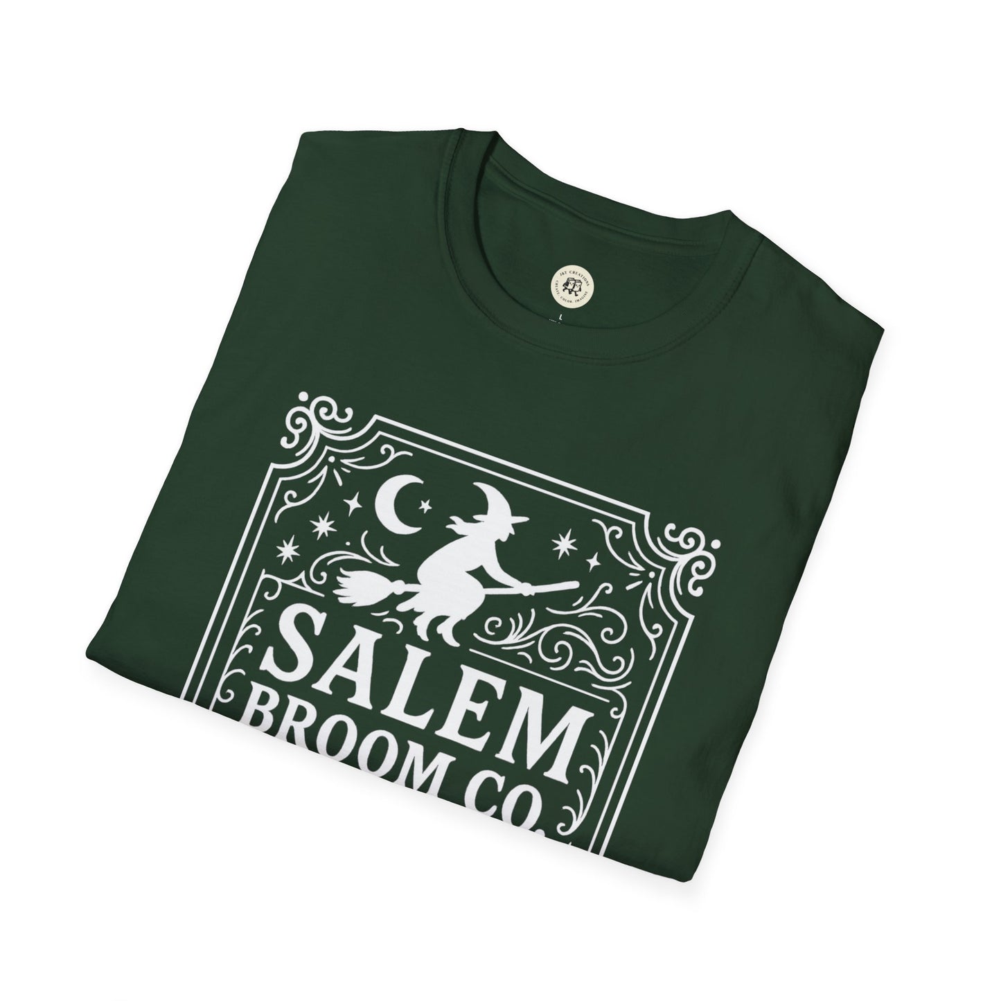 Dark green Salem Broom Co. t-shirt by Printify with white witch and moon graphic design1