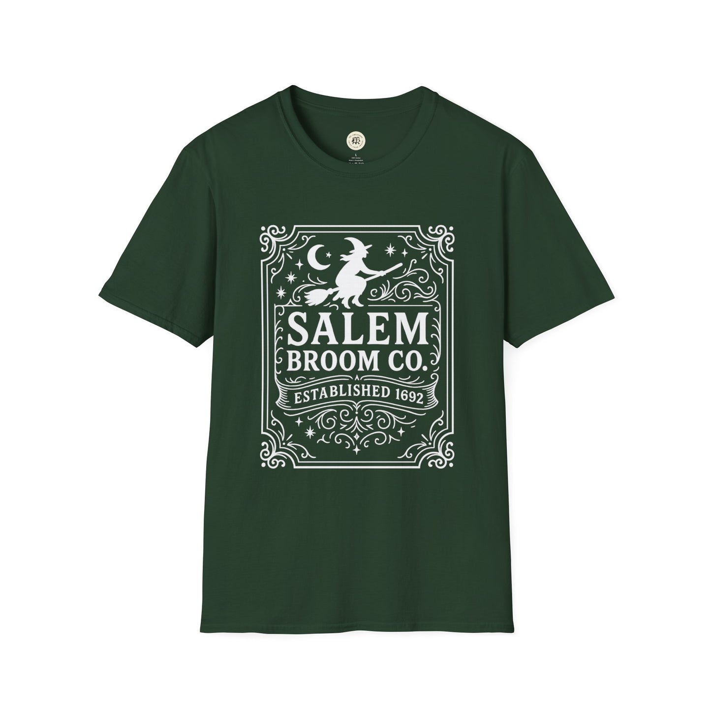 Dark green Salem Broom Co. t-shirt by Printify with white witch and moon graphic design