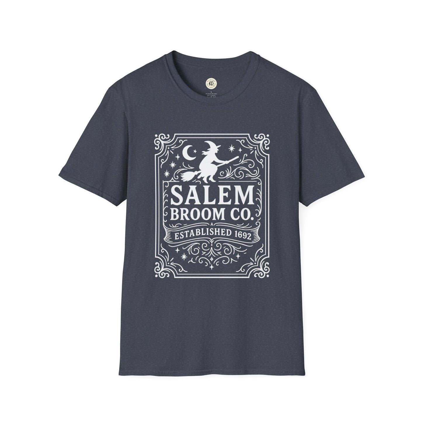 Printify Salem Broom Co. t-shirt in dark gray with white witch and vintage design print