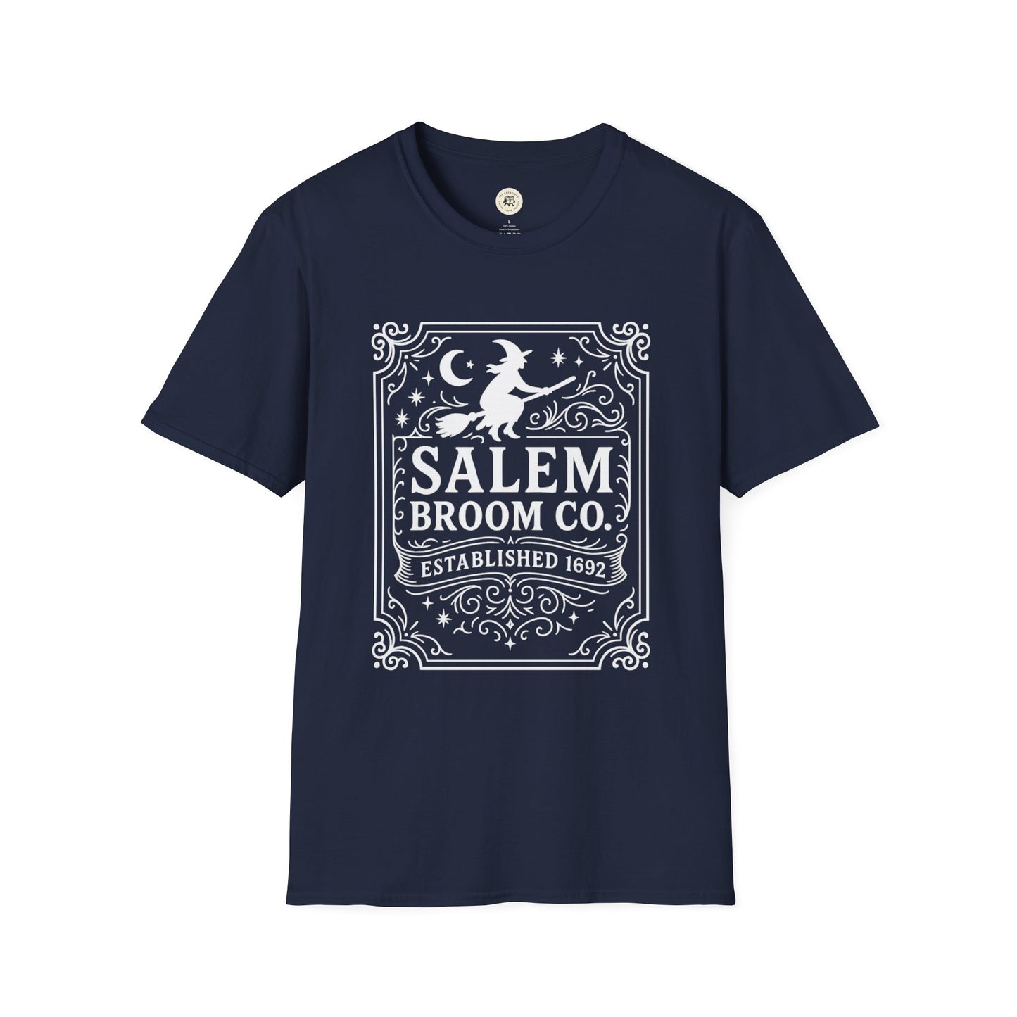 Navy Printify Salem Broom Co. t-shirt with witch and moon graphic design