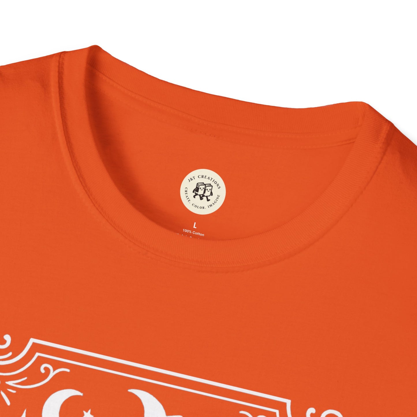 Orange Salem Broom Co. t-shirt by Printify with white decorative graphic and crew neck