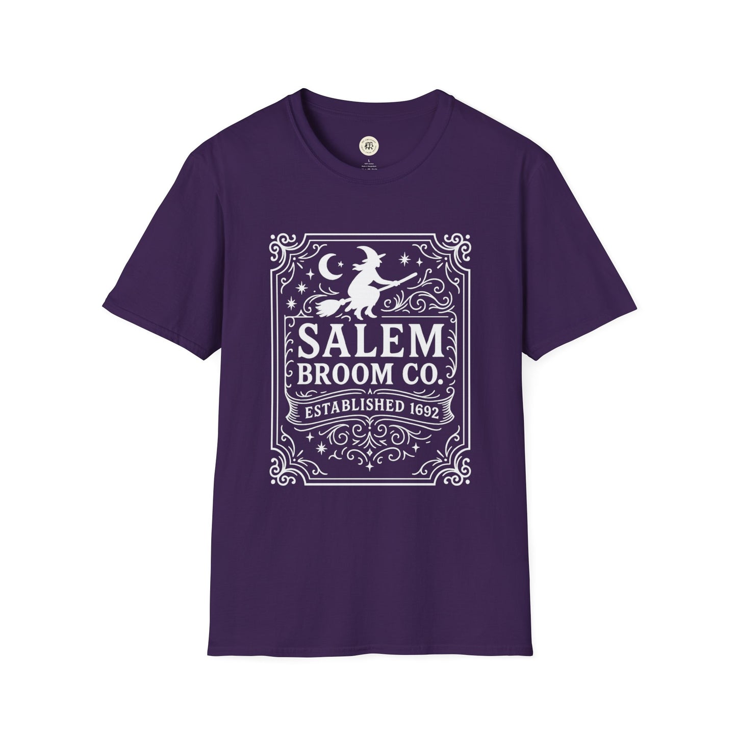 Purple Salem Broom Co. t-shirt with white witch and moon graphic printed on front
