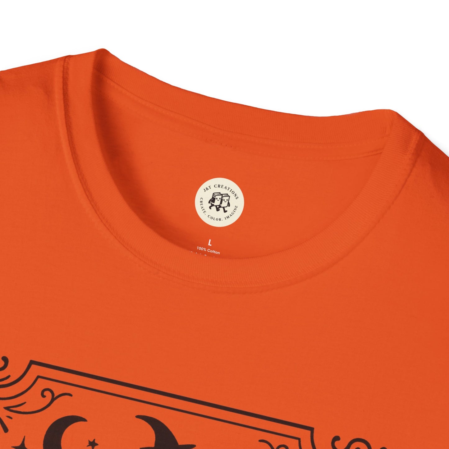 Orange witchy Halloween t-shirt from Printify with black decorative crescent moon design