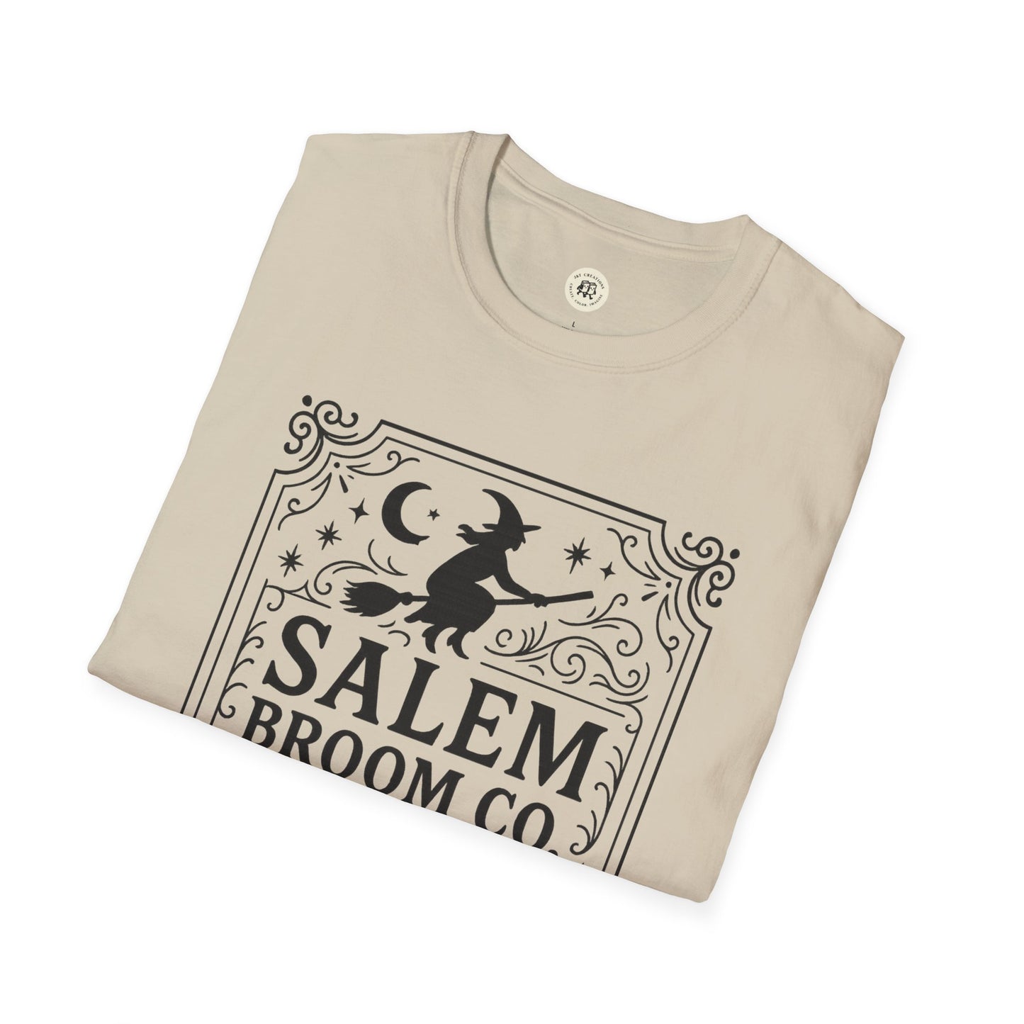 Printify beige witchy Halloween t-shirt with Salem Broom Co. witch and moon graphic design