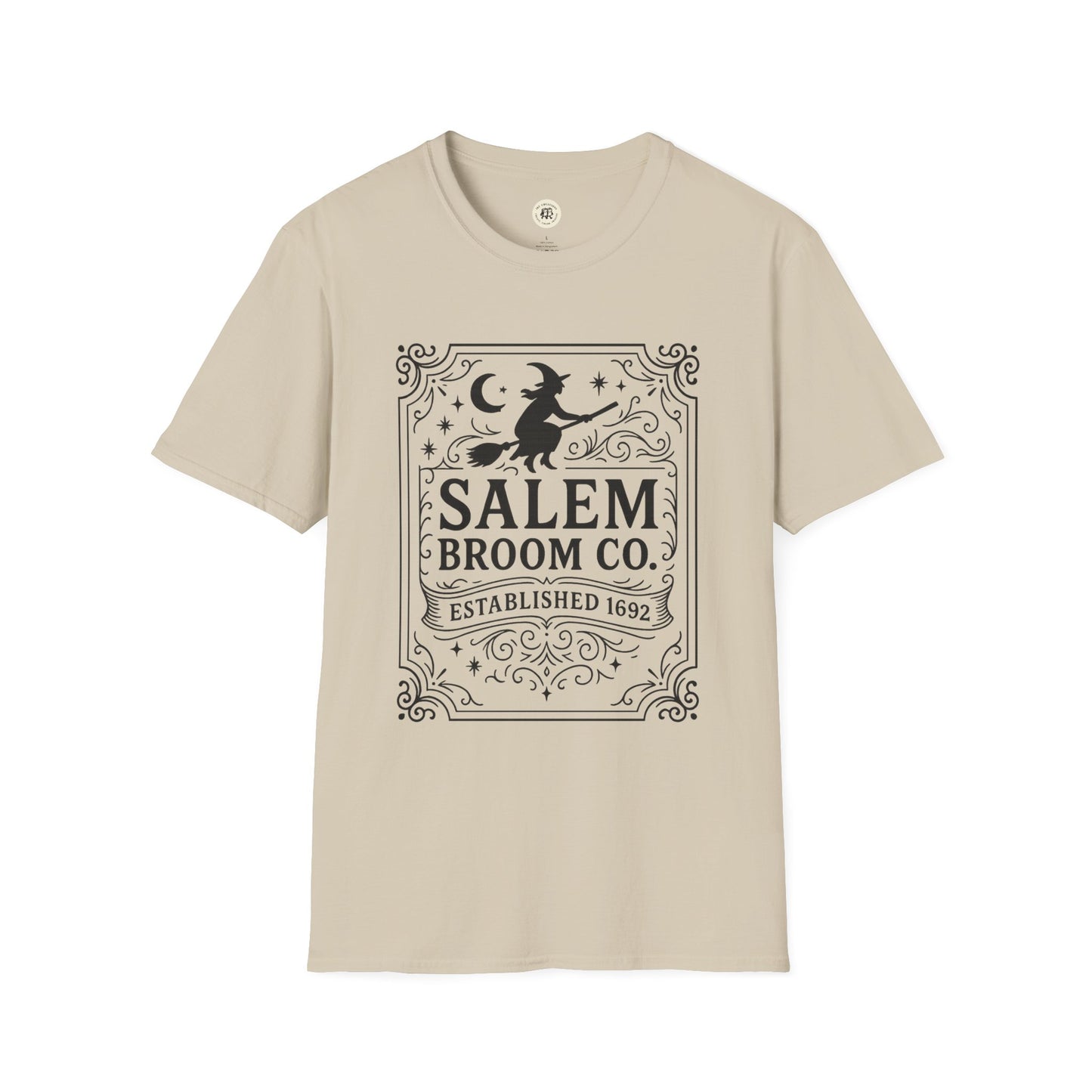 Printify beige witchy Halloween t-shirt with Salem Broom Co vintage design and witch on broomstick
