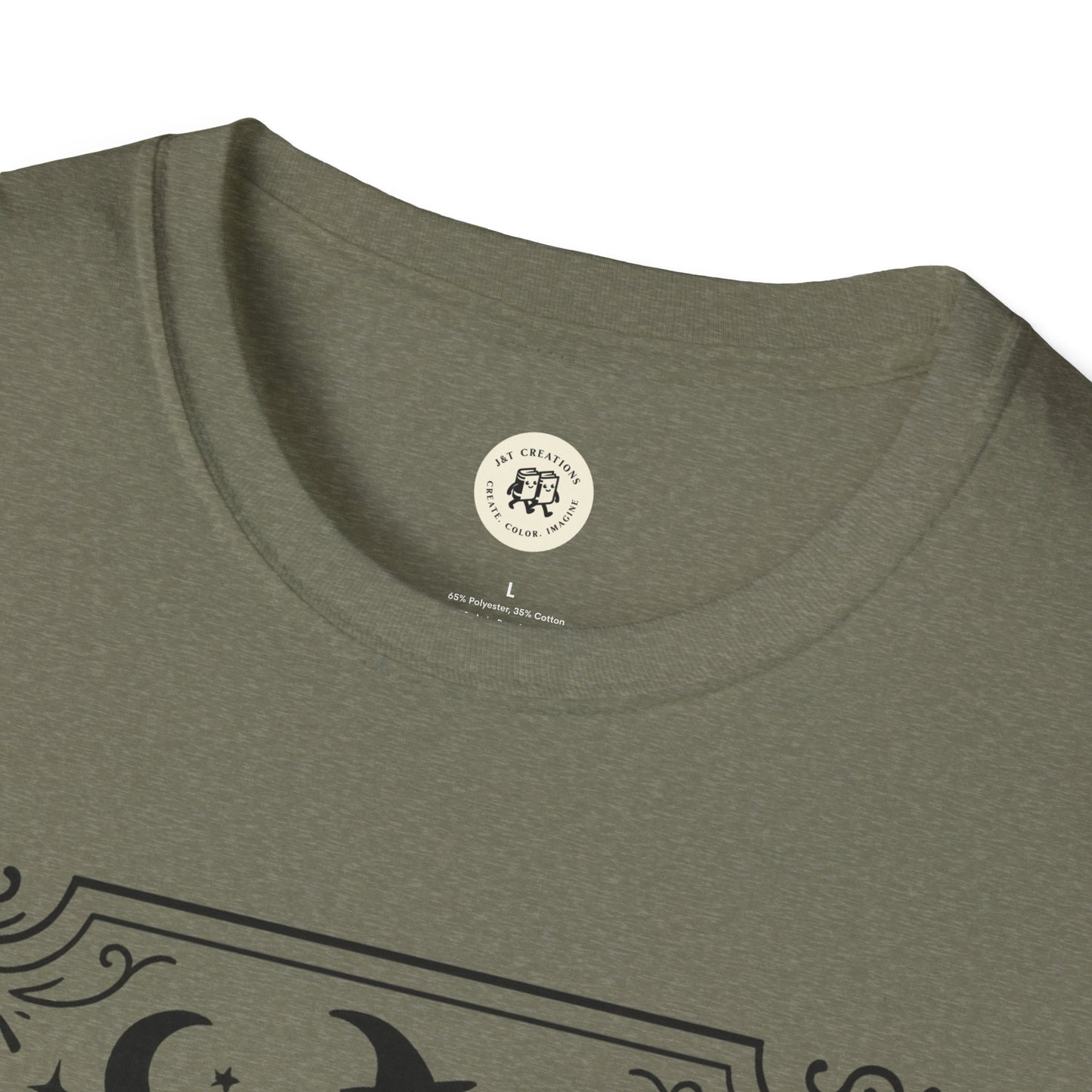 Close-up of olive green Printify witchy Halloween t-shirt showing soft fabric and round neckline
