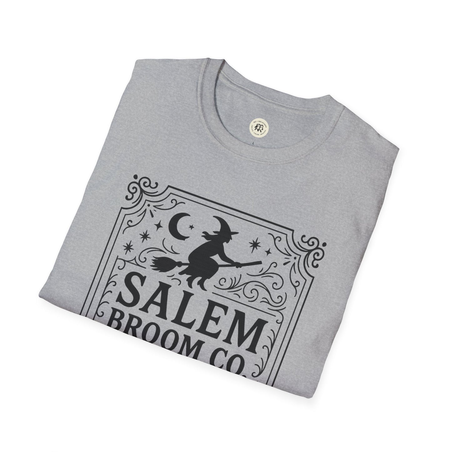 Gray Printify witchy Halloween t-shirt with Salem Broom Co. witch graphic design