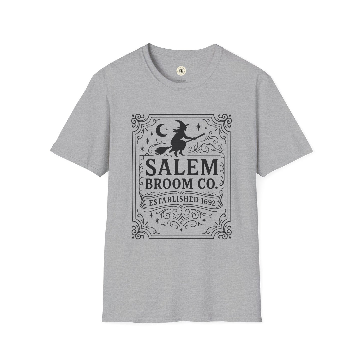 Gray witchy Halloween t-shirt with Salem Broom Co design featuring a witch on a broomstick
